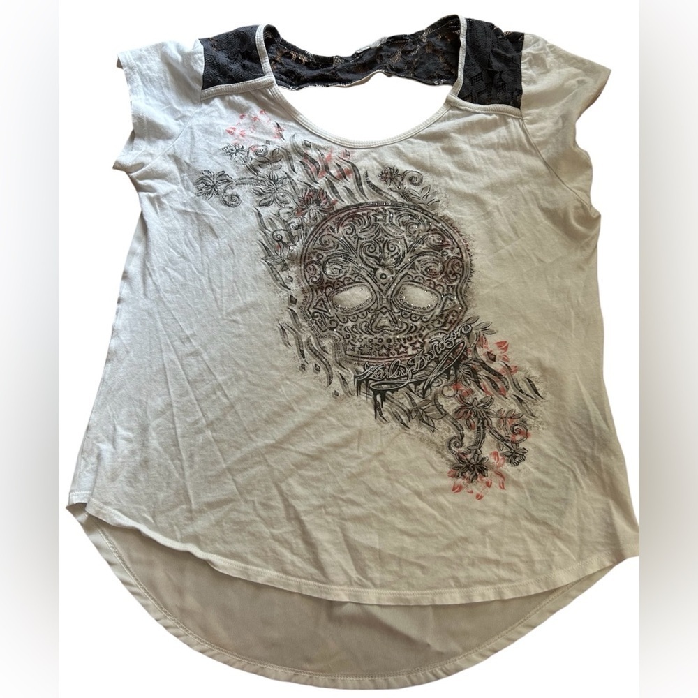 Women's Graphic Lace Top - Cream and Black